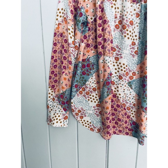 Rose & Olive Top M Medium Patchwork Button Front Chiffon Smocked Back Pink - Picture 7 of 7